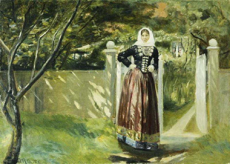 Frau in dänischer Tracht am Gartentor from Michael Peter Ancher