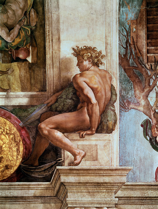 Ignudo from the Sistine Ceiling (pre restoration) from Michelangelo (Buonarroti)