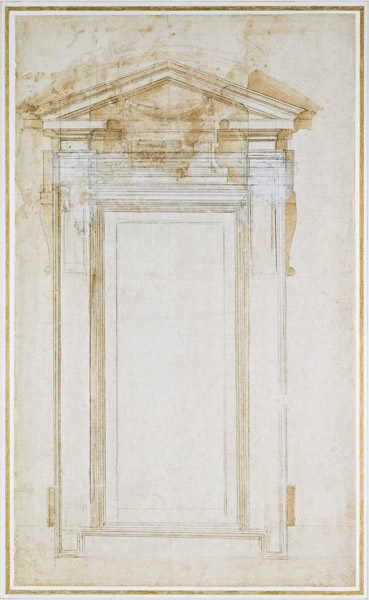 Study of a window with triangular gable, c.1546 (black chalk, wash, pen & ink on paper) from Michelangelo (Buonarroti)