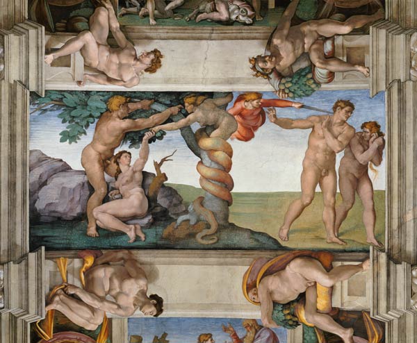 Sündenfall und Vertreibung aus dem Paradies. Deckengemälde in der Sixtinischen Kapelle in Rom from Michelangelo (Buonarroti)