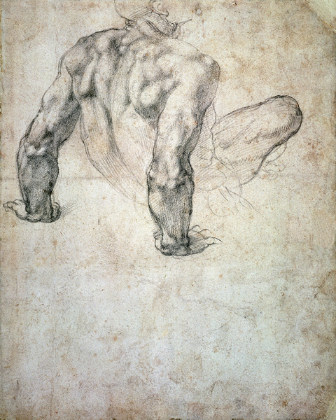 W.63r Study of a male nude, leaning back on his hands cil on from Michelangelo (Buonarroti)