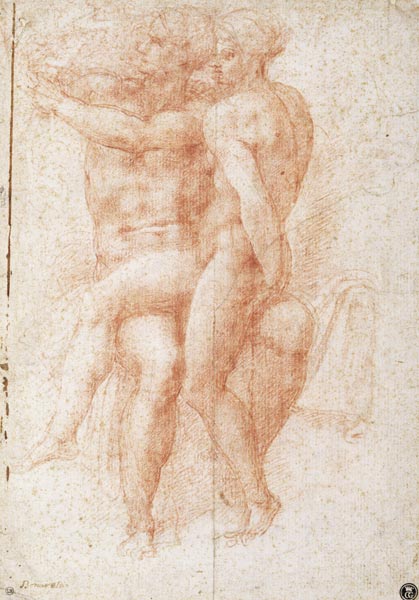 Nude female seated on the knees of a seated male nude: Adam and Eve from Michelangelo (Buonarroti)
