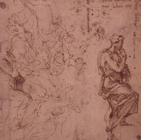 Figure Studies for a Woman (brown ink) from Michelangelo (Buonarroti)