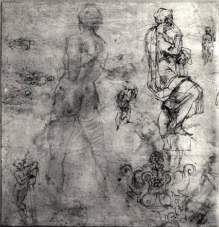 Human and architectural studies (pen & ink and pencil on paper) from Michelangelo (Buonarroti)