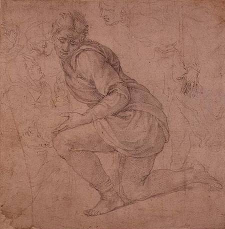 Inv. 5211-75 Fawkener Recto (W.92) Kneeling man from Michelangelo (Buonarroti)
