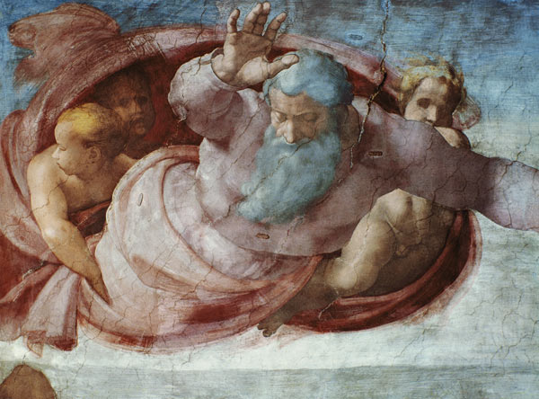 Sistine Chapel: God Dividing the Waters and Earth (pre restoration) (detail) from Michelangelo (Buonarroti)