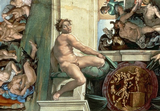 Sistine Chapel Ceiling (1508-12) detail of one of the ignudi (detail of 167695) from Michelangelo (Buonarroti)