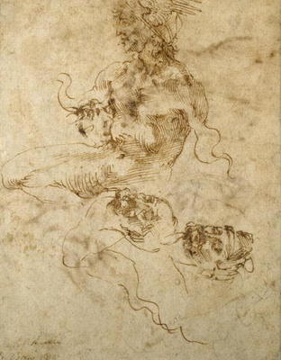 Study of a seated young Man, with head studies, c.1502 (pen & ink on paper) from Michelangelo (Buonarroti)