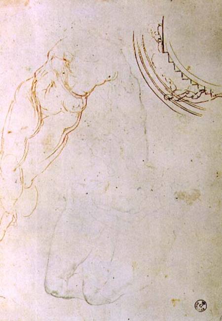 Study of a prone figure with crossed legs and a design for a lunette showing a figure mounting a sta from Michelangelo (Buonarroti)