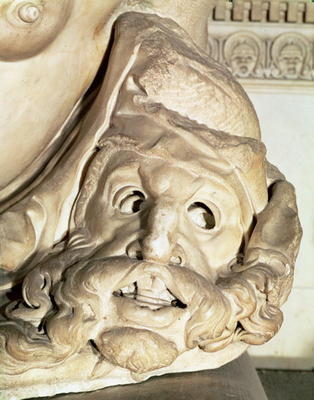 The Tomb of Giuliano de' Medici (1478-1516) detail of the tragic mask under the arm of Night, 1520-3 from Michelangelo (Buonarroti)