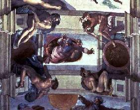 Sistine Chapel Ceiling: God Separating the Land from the Sea, with four Ignudi