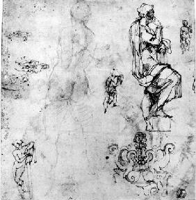 Sketches of male nudes, a madonna and child and a decorative emblem  & ink and