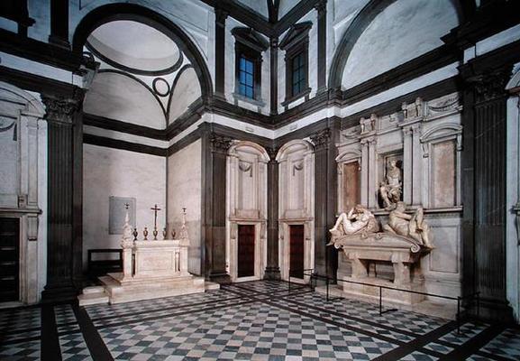 View of the interior showing the Tomb of Giuliano de' Medici (1492-1519) designed 1520-34 (photo) from Michelangelo (Buonarroti)