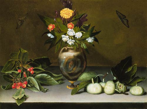 Vase mit Blumen, Kirschen, Feigen und zwei Schmetterlingen from Michelangelo Caravaggio