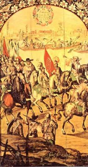 The encounter between Hernando Cortes (1485-1547) and Montezuma (1466-1520)