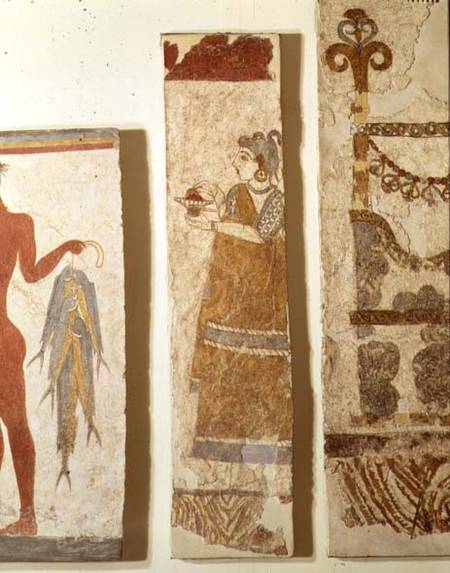 Three wall painting fragments: the 'Fisherman', the 'Priestess' and an 'Ikrion', removed from the We from Minoan