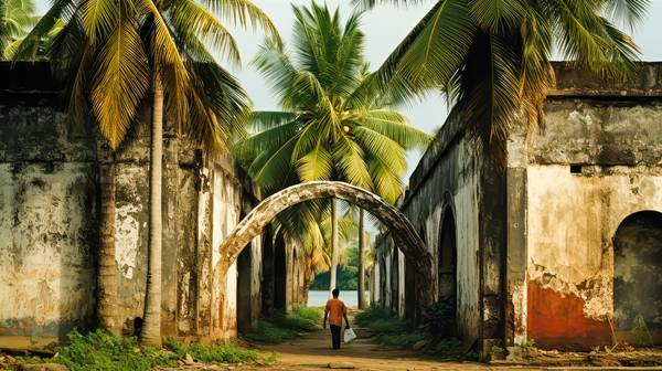 Der Weg zum Fluss. Palmen und alte Gemäuer in Indien from Miro May