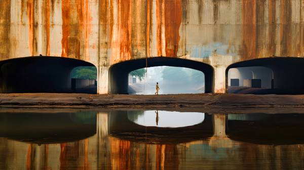 Ein Mann unter der Brücke. Fluss in Indien from Miro May