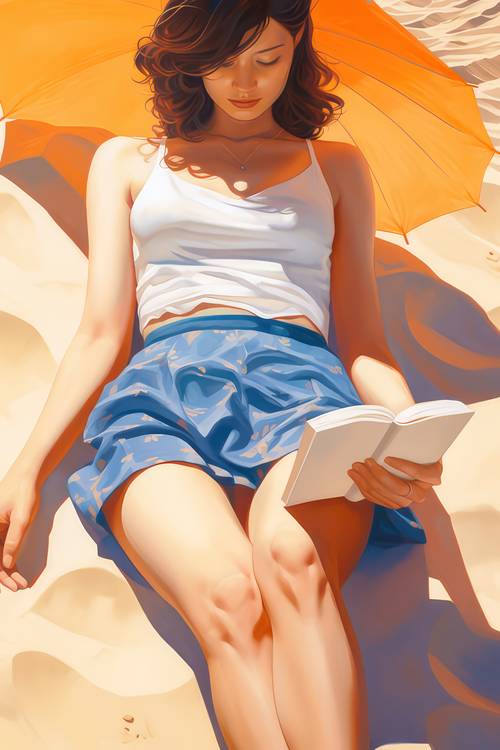 Eine Frau liegt am Sonnigen Tag am Strand im Sand und liest ein Buch.  from Miro May