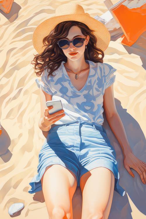Eine Frau liegt am Sonnigen Tag am Strand im Sand und liest Nachrichten auf dem Handy. from Miro May
