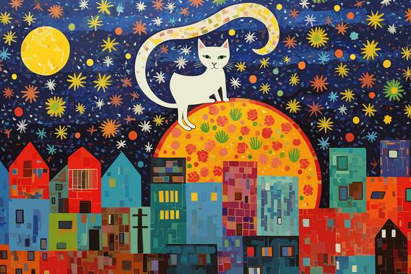 Katze auf dem Mond über den Dächern der Stadt. Dach. Katze in der Nacht. Katze in der Stadt. Sternen from Miro May