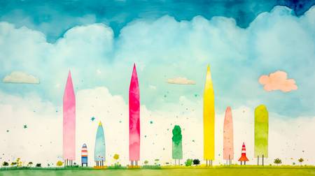 Aquarelle mit bunten Raketen und Wolkenlandschaften, minimalistisch. Digital AI Art.