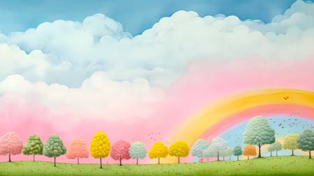 Aquarelle mit Regenbogen, Bäumen und Wolkenlandschaften, minimalistisch. Digital AI Art.