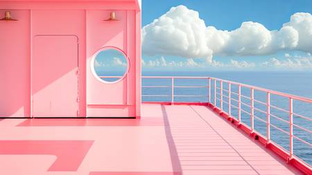 Auf dem Oberdeck eines pinkfarbenen Schiffes, umgeben von einem strahlend blauen Himmel und sanft sc