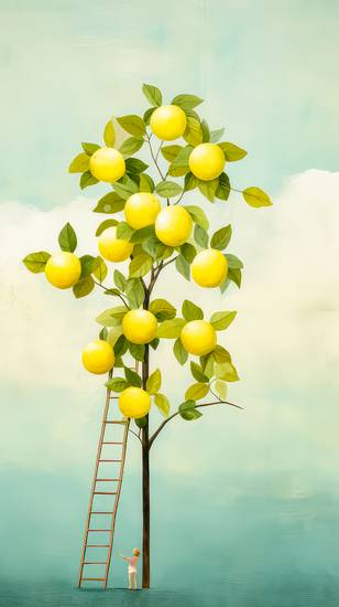 Bunte Aquarelle mit einem Zitronenbaum und Leiter. Zitronen Ernte Minimalistisch