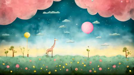 Giraffe auf dem Mond. Verträumte Landschaft mit Wolken, Blumen und Ballons 