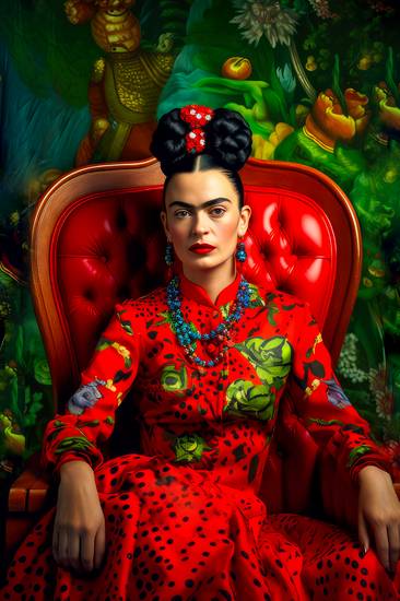  Porträt von Frida Kahlo in einem roten Kleid mit grünen Akzenten.