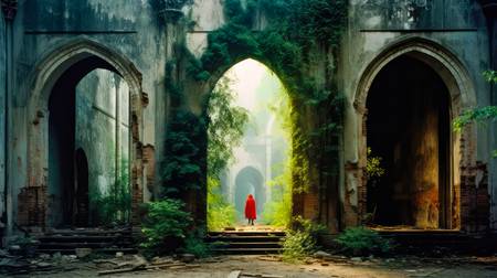 Rotkäppchen - Frau in roter Kleidung hinter alten Arkaden. Alter Tempel. 