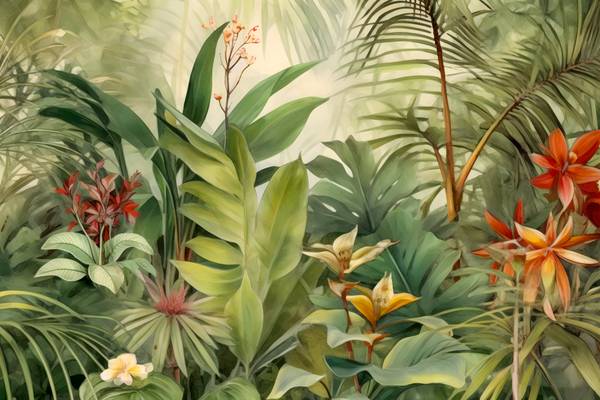 Tropische Blumen im Regenwald. Boho Style. Landschaft mit Blumen from Miro May