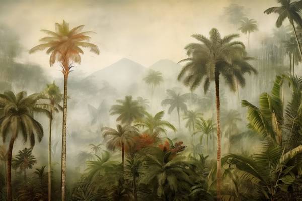 Tropische Landschaft mit Palmen und Bergen. Nebel im Regenwald. Grüne Landschaft am morgen. Natur from Miro May