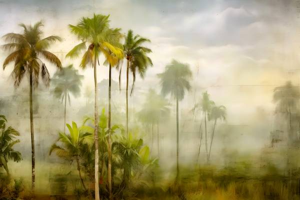 Tropische Landschaft, Palmen im Nebel. Traumhafte Natur. Used Look. Regenwald am morgen.  from Miro May