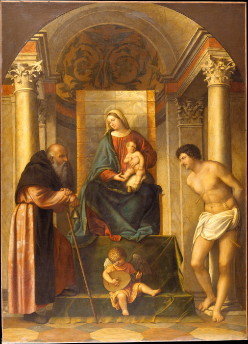Thronende Madonna mit Kind und den Heiligen Antonius Abbas und Sebastian from Moretto da Brescia