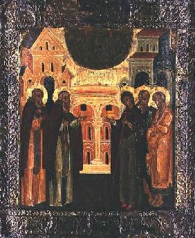 Russian icon of the Miraculous Appearance of the Virgin and the Apostles Peter and Paul to Sergius o