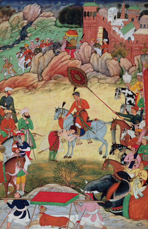 Adham Khan paying homage to Akbar at Sarangpur, Central India, in 1560 or 1561, from the 'Akbarnama' from Mughal School