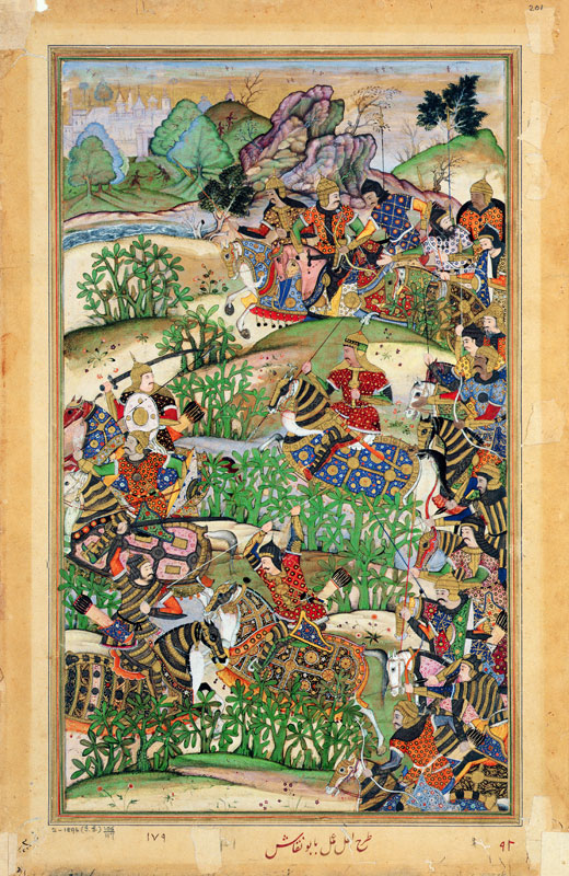 Emperor Akbar (r.1556-1605) at the battle of Samal in 1572, from the 'Akbarnama' made by Abu'l Fazi from Mughal School