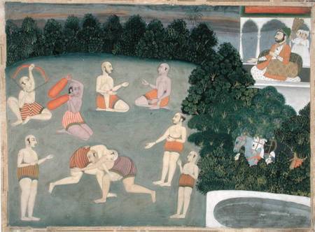 Athletes perform before a seated noble from Mughal School