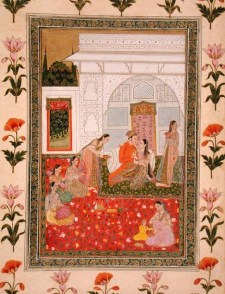 Couple with female attendants and musicians, from the Small Clive Album from Mughal School