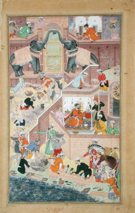 Emperor Akbar (r.1556-1605) inspecting the building work at Fatepur Sikri, from the 'Akbarnama' made from Mughal School