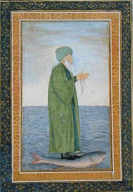 Khawa Khizir Khan riding on a fish, from the Small Clive Album from Mughal School
