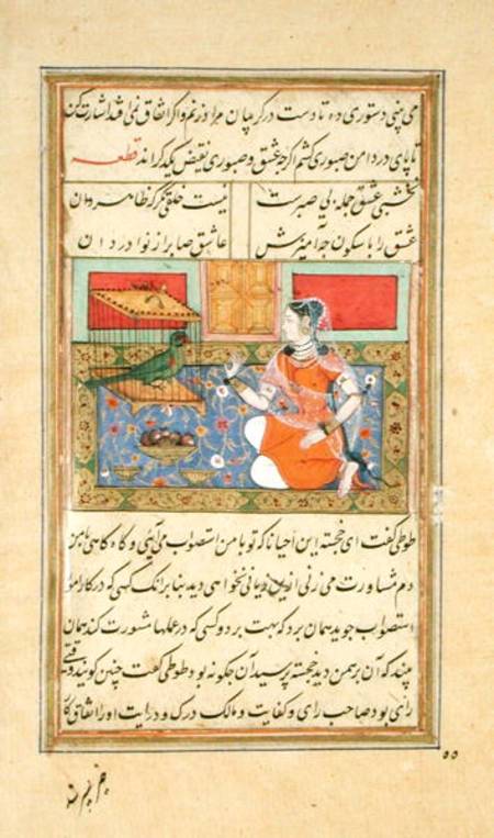 Kjujista, the Merchant's Wife, talking to a Parrot, Calligraphy & illustration from the 'Tuti'nama', from Mughal School