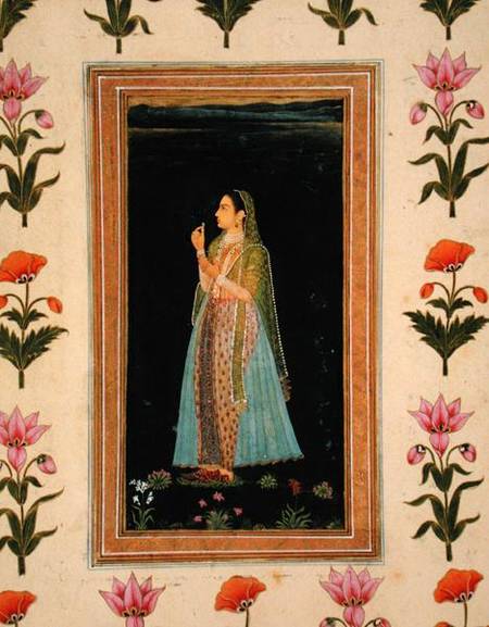 Lady holding a blossom, from the Small Clive Album from Mughal School