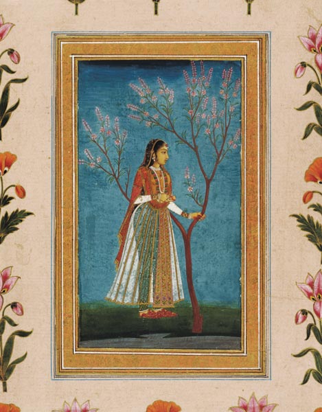 Lady standing by a tree in blossom, from the Small Clive Album from Mughal School