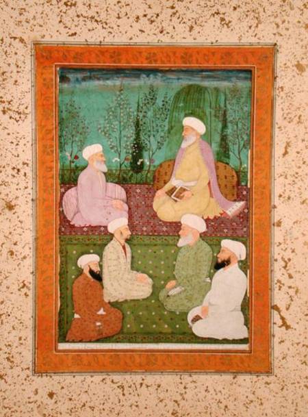 Six Muslim holy men seated on a garden terrace, from the Large Clive Album from Mughal School
