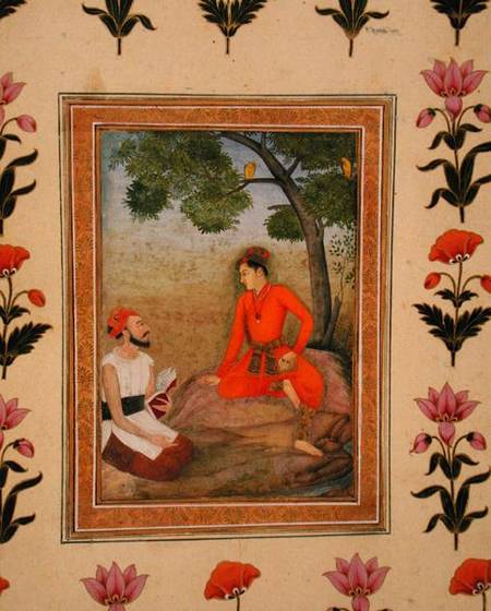 A prince in discussion with a religious man holding a book, from the Small Clive Album from Mughal School