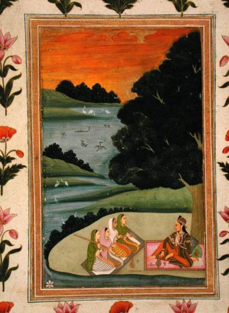 A Princess listening to female musicians by a river at sunset, from the Small Clive Album from Mughal School