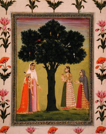 A princess with her son meets two ladies who offer gifts, from the Small Clive Album from Mughal School